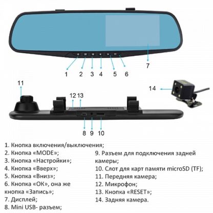 Автомобильный регистратор-зеркало заднего вида с дополнительной видеокамерой
